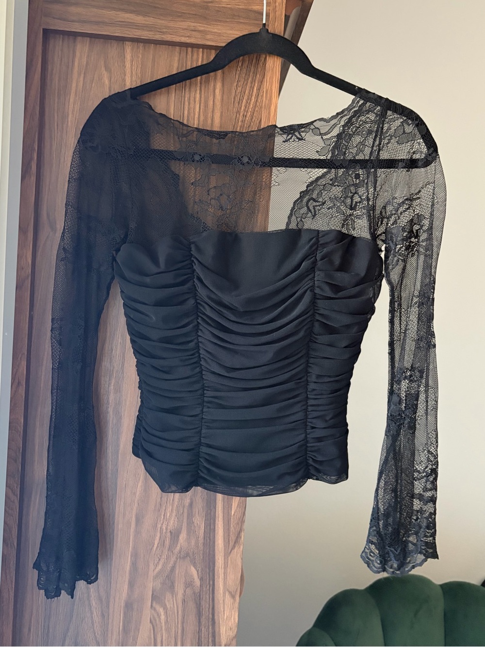 Lillie Rubin Black Ruched Lace One-Sleeve Top